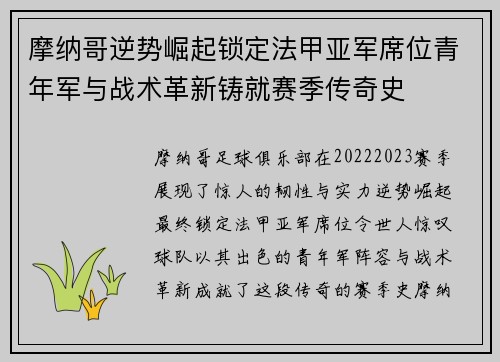 摩纳哥逆势崛起锁定法甲亚军席位青年军与战术革新铸就赛季传奇史
