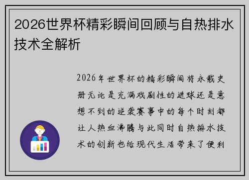 2026世界杯精彩瞬间回顾与自热排水技术全解析 2026世界杯精彩瞬间回顾与自热排水技术全解析