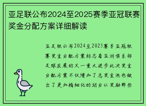 亚足联公布2024至2025赛季亚冠联赛奖金分配方案详细解读