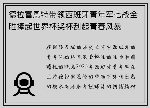 德拉富恩特带领西班牙青年军七战全胜捧起世界杯奖杯刮起青春风暴 德拉富恩特带领西班牙青年军七战全胜捧起世界杯奖杯刮起青春风暴